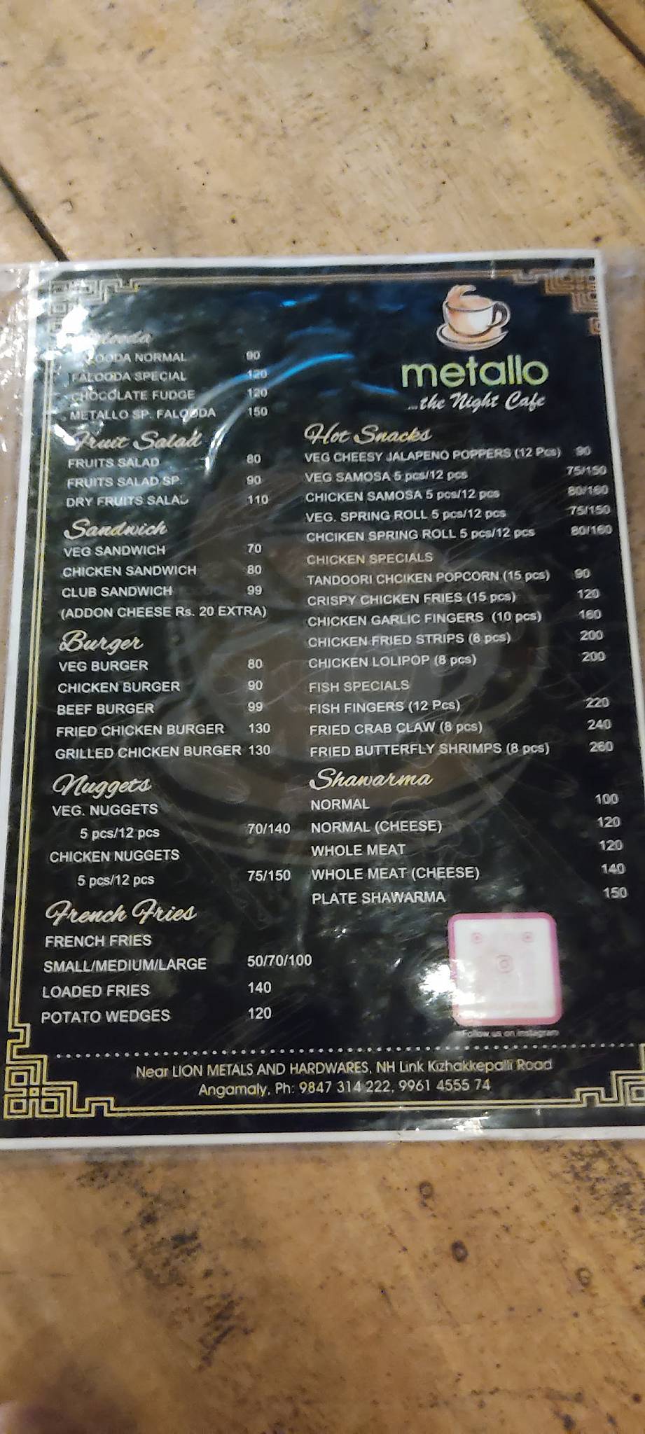 Metallo, The Night Café menu