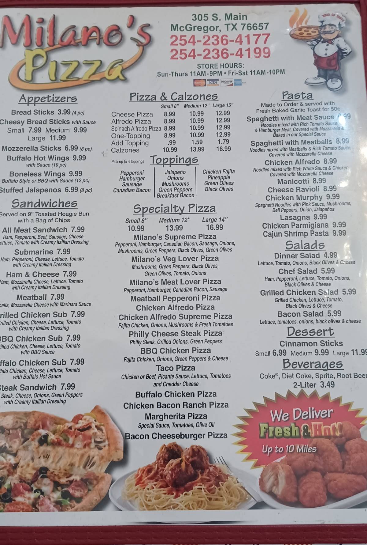 Menu at Milano's Pizza Mcgregor pizzeria, McGregor