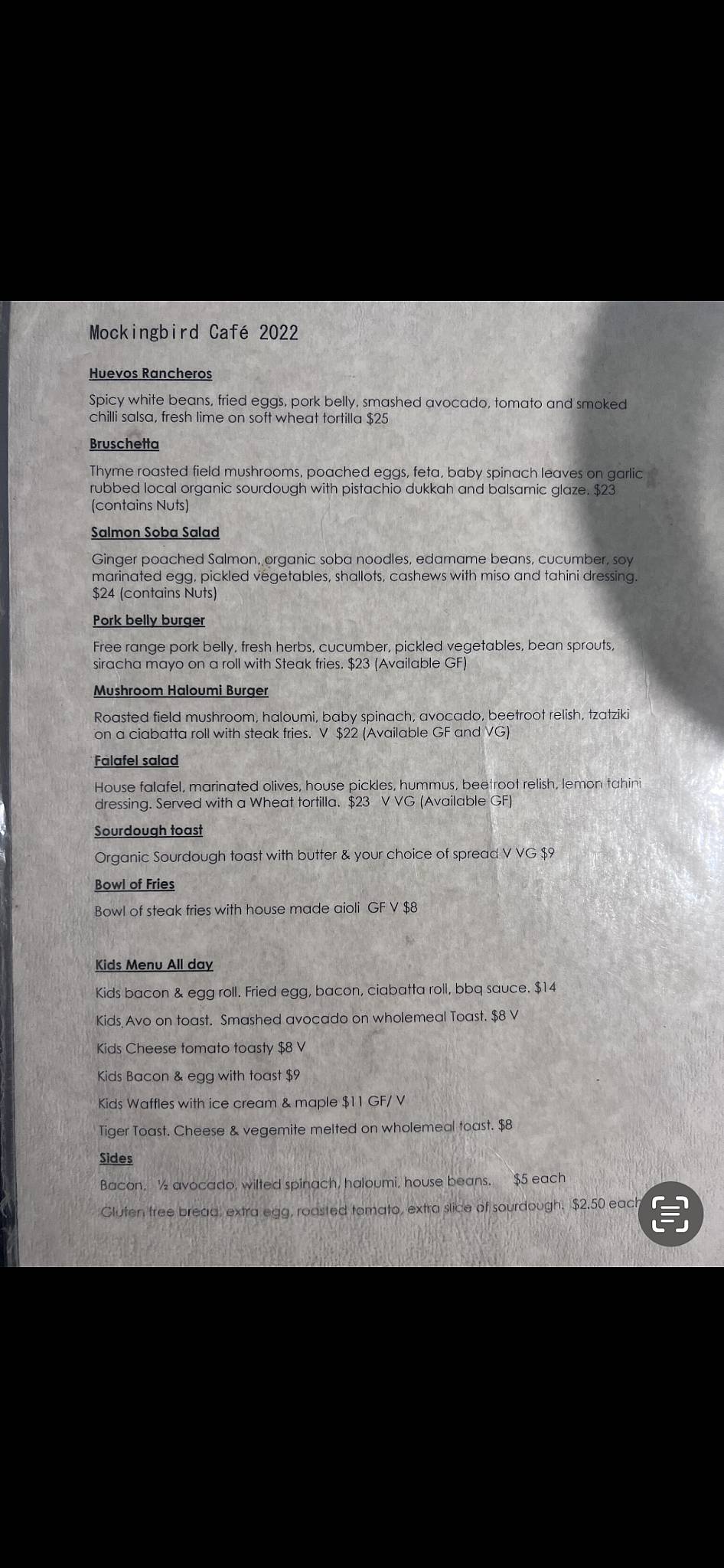 Menu at Mockingbird restaurant, Kingscliff