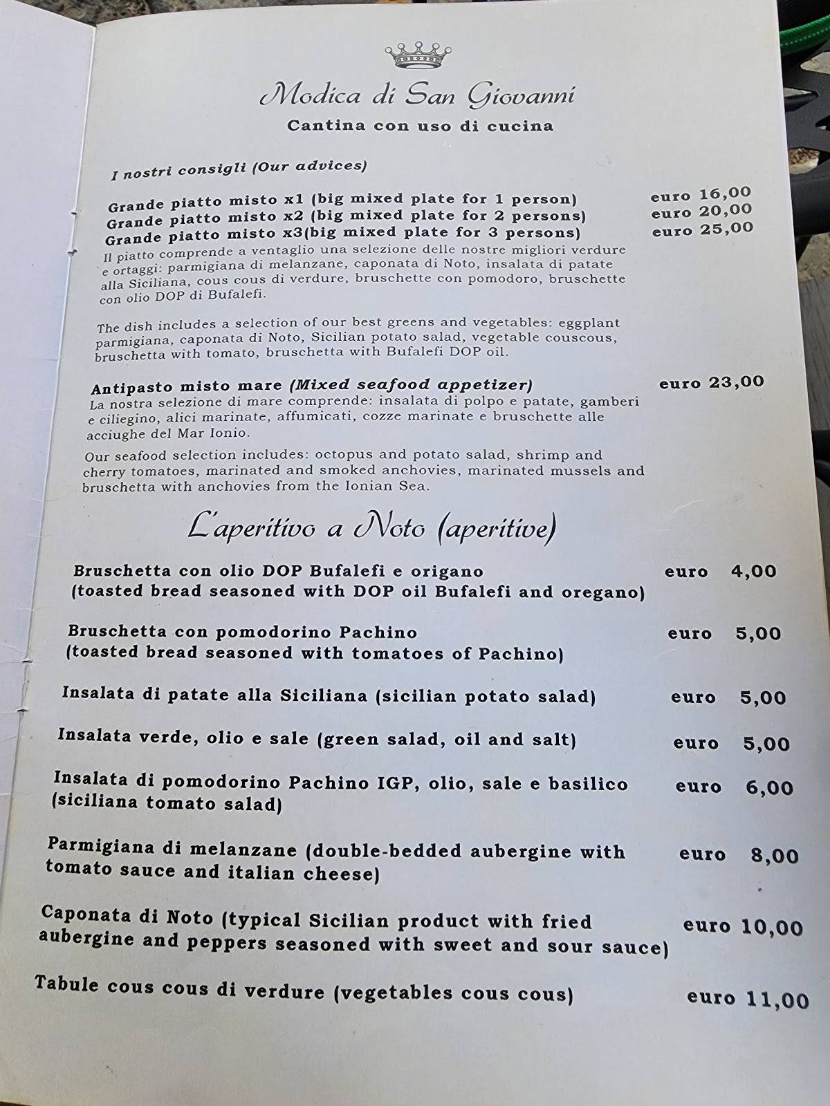 Menu di Modica di San Giovanni - Cantina con uso di Cucina 