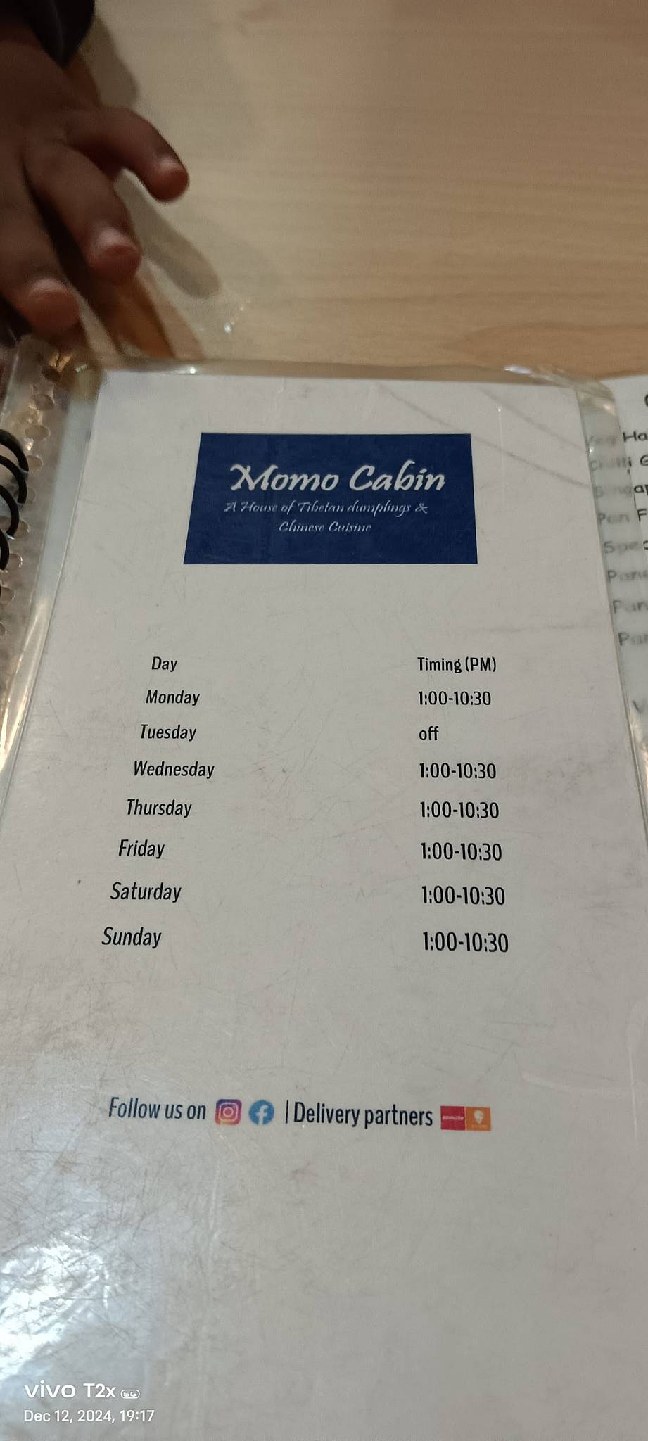 Momo Cabin menu