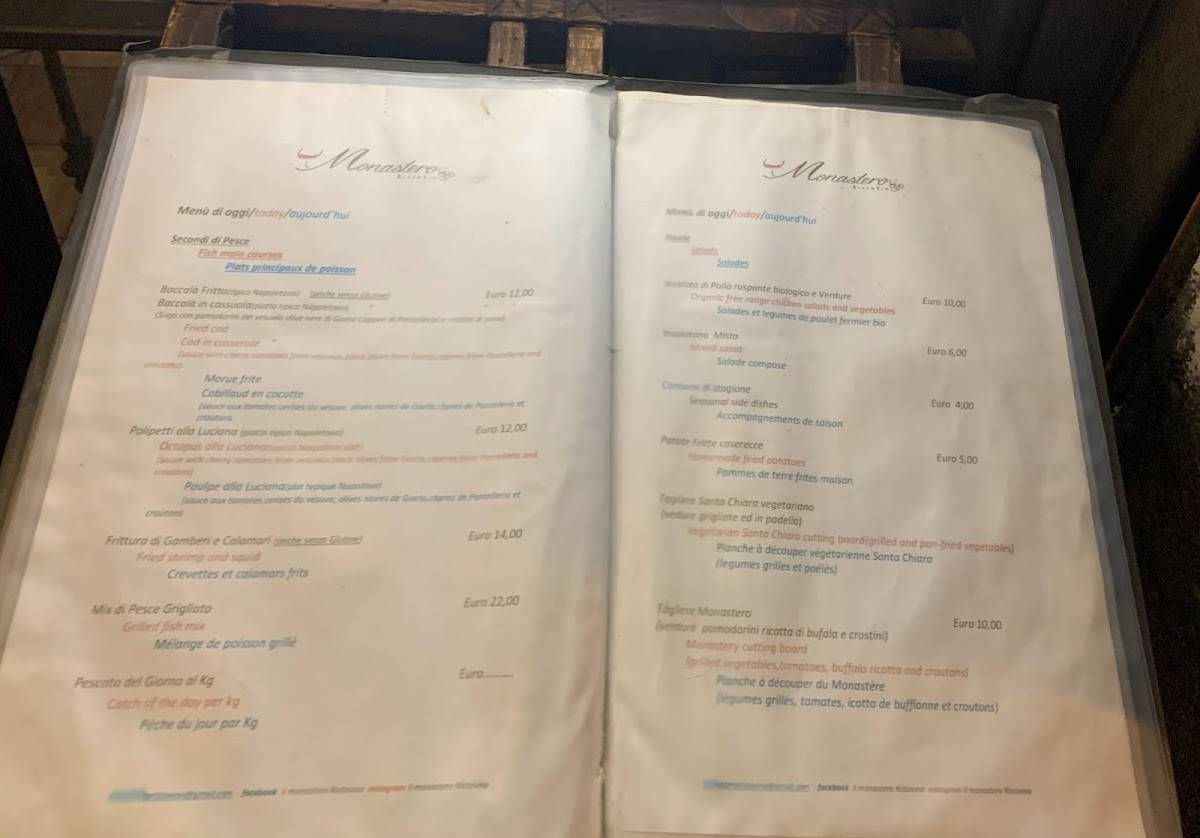 Menu de Monastero Ristovino