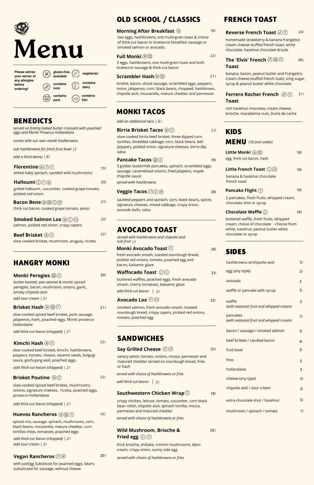 Menu de Monki Breakfast Club & Bistro Beltline