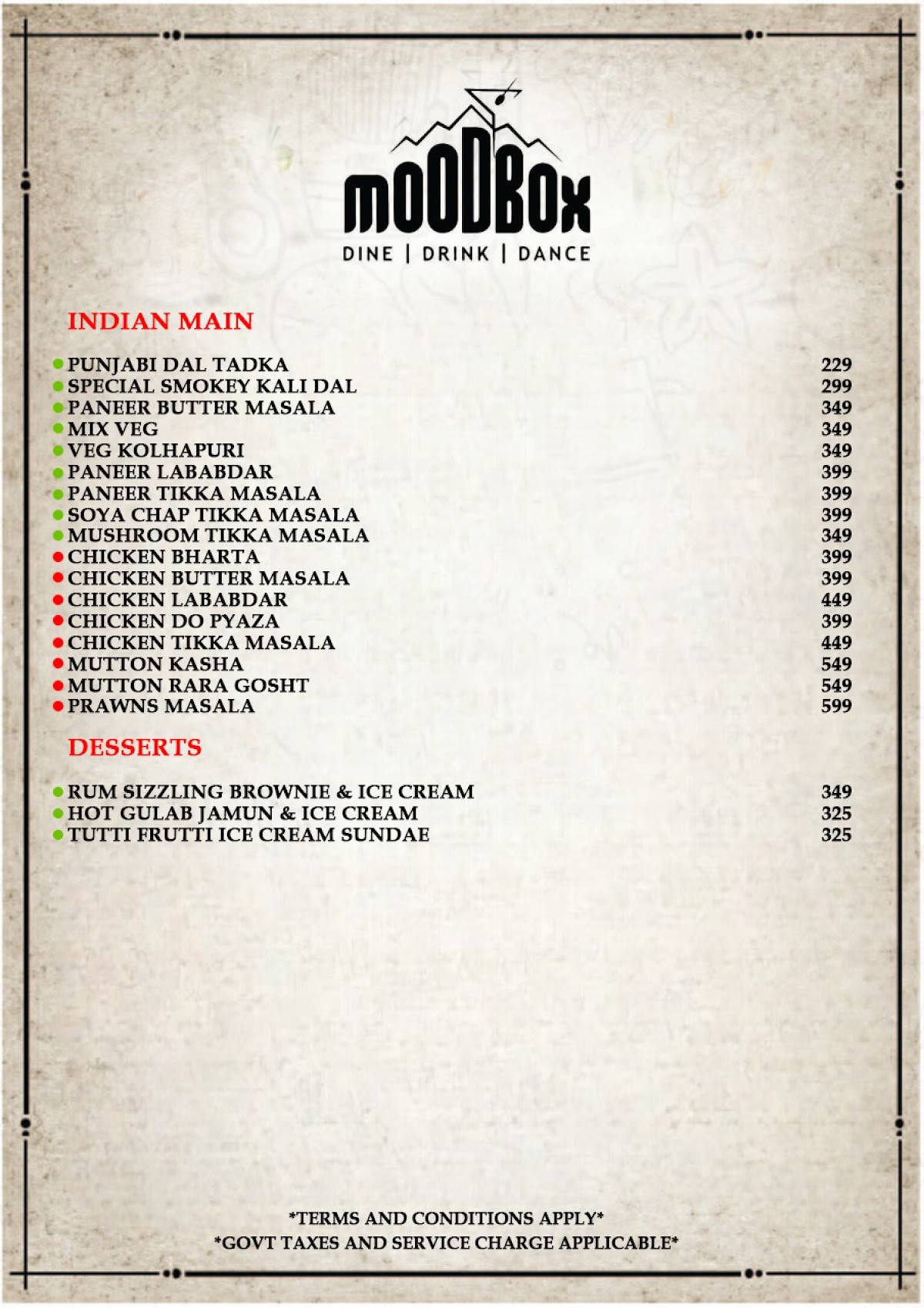 Mood Box Best Pub & Nightclub in Newtown Corporate Party Venue in Newtown menu