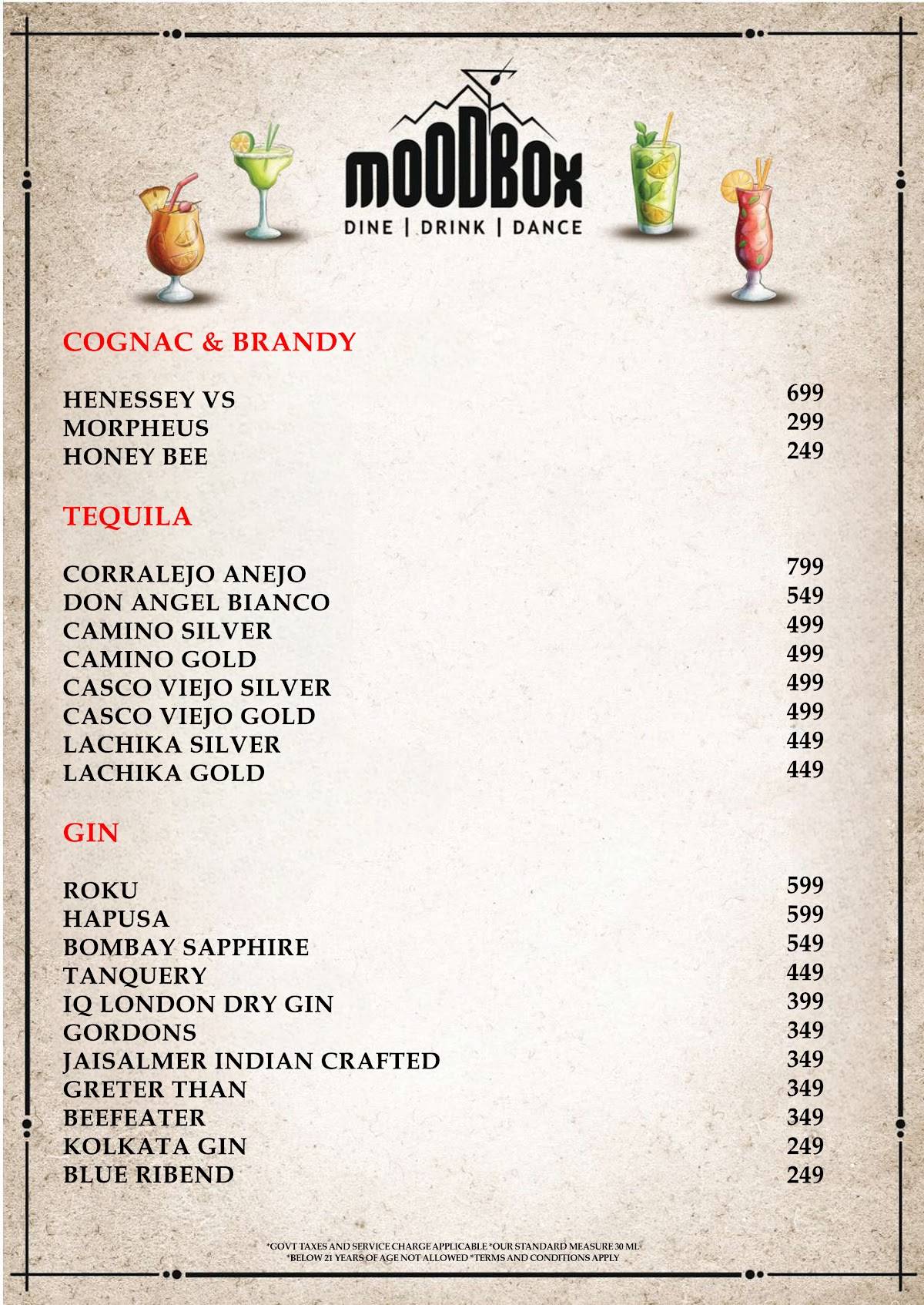 Mood Box Best Pub & Nightclub in Newtown Corporate Party Venue in Newtown menu
