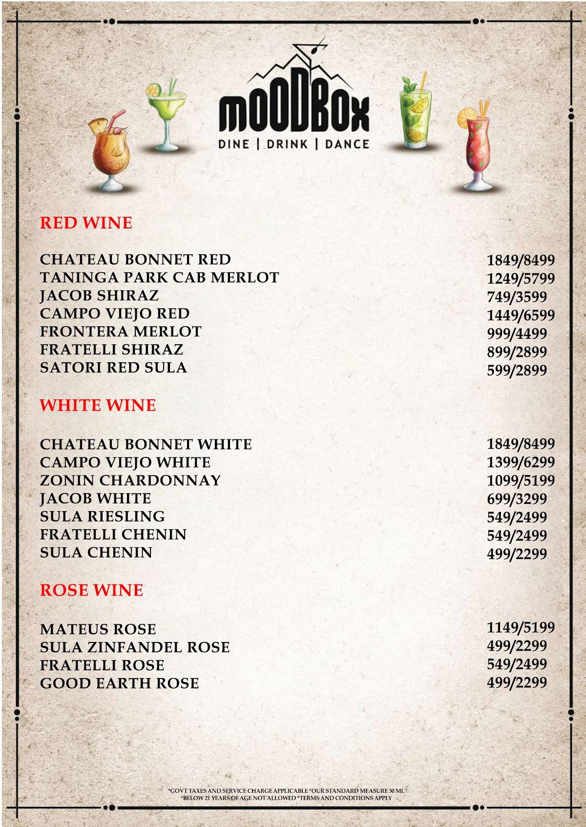 Mood Box Best Pub & Nightclub in Newtown Corporate Party Venue in Newtown menu