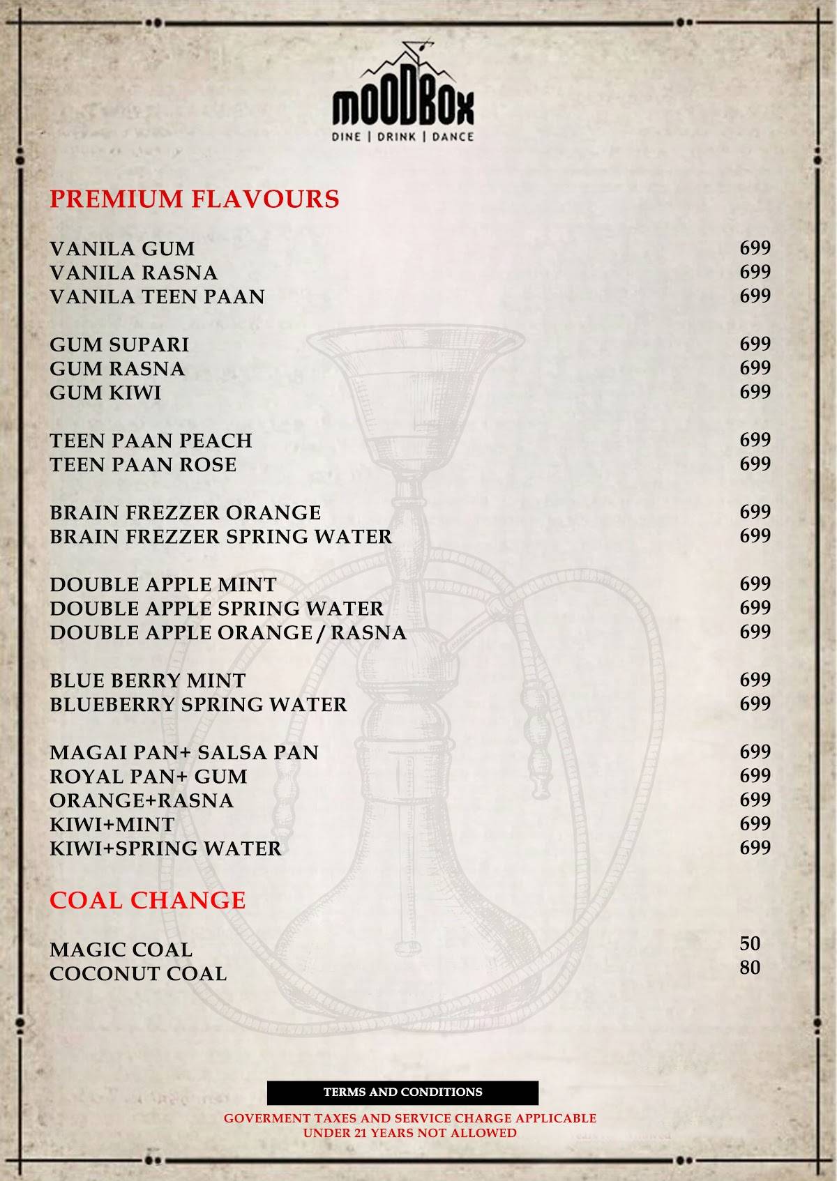 Mood Box Best Pub & Nightclub in Newtown Corporate Party Venue in Newtown menu
