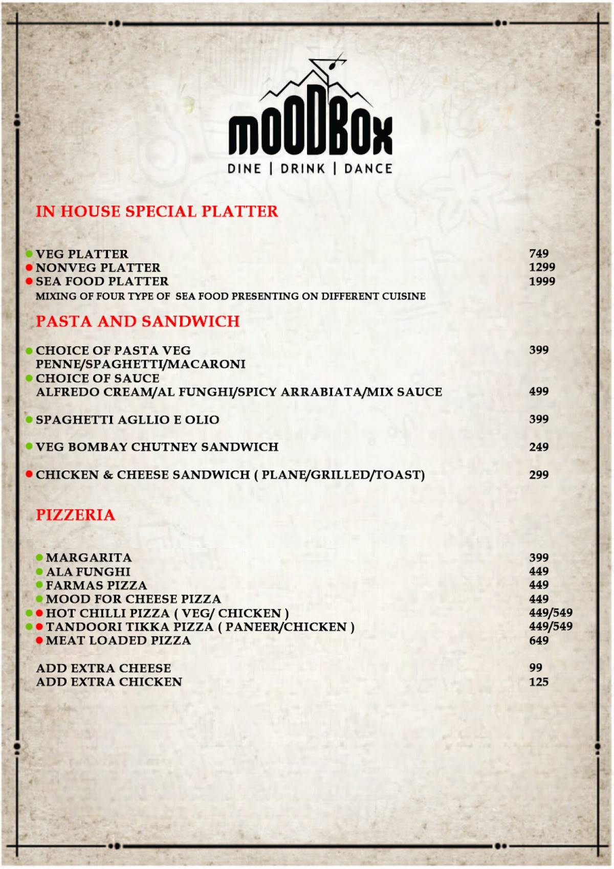 Mood Box Best Pub & Nightclub in Newtown Corporate Party Venue in Newtown menu