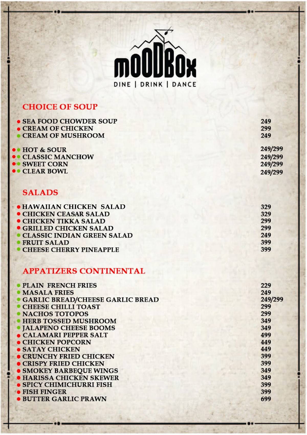 Mood Box Best Pub & Nightclub in Newtown Corporate Party Venue in Newtown menu