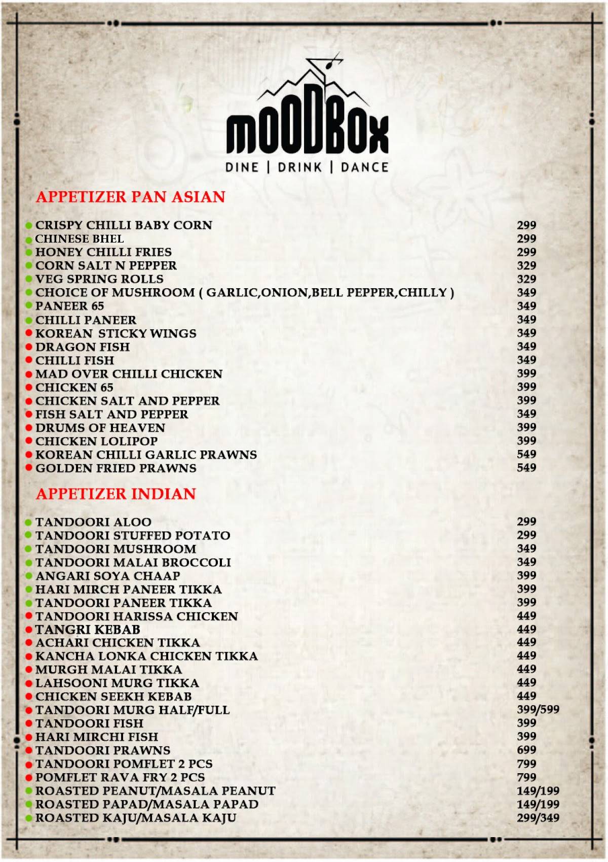 Mood Box Best Pub & Nightclub in Newtown Corporate Party Venue in Newtown menu