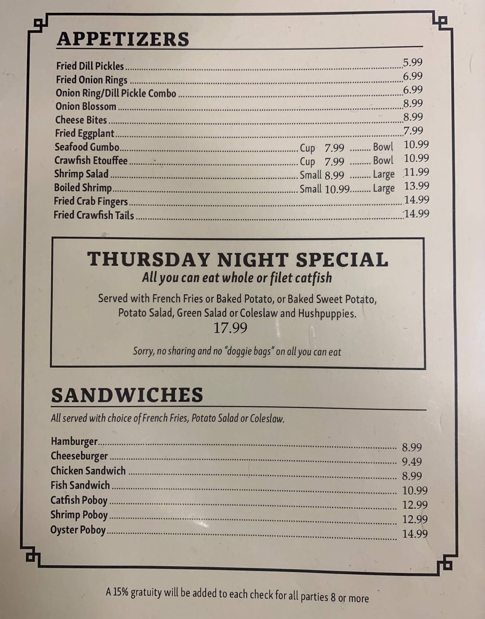 Menu at Mr Whiskers Family Catfish restaurant,