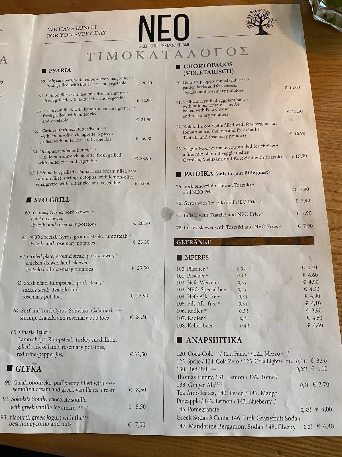 Menu de NEO Greek Grill Bar