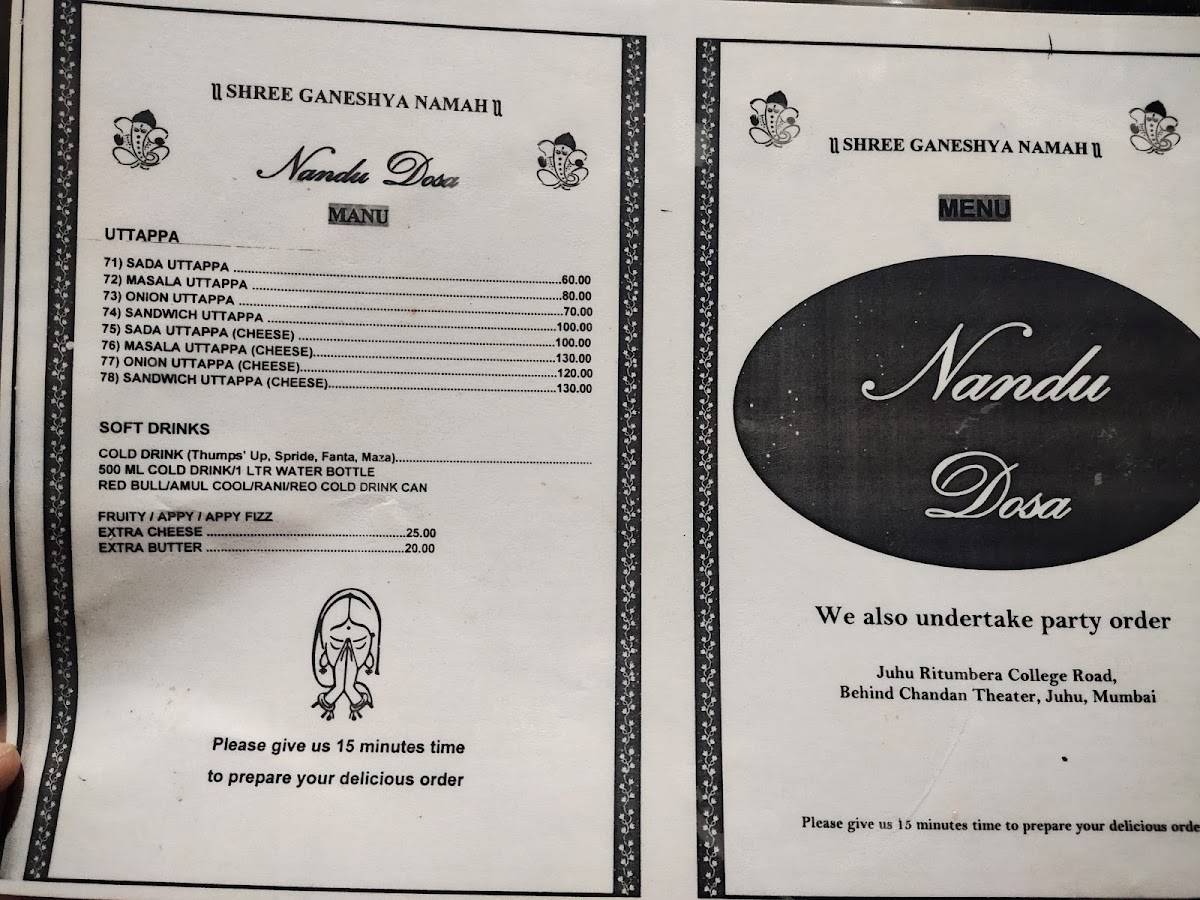 Nandu Dosa menu