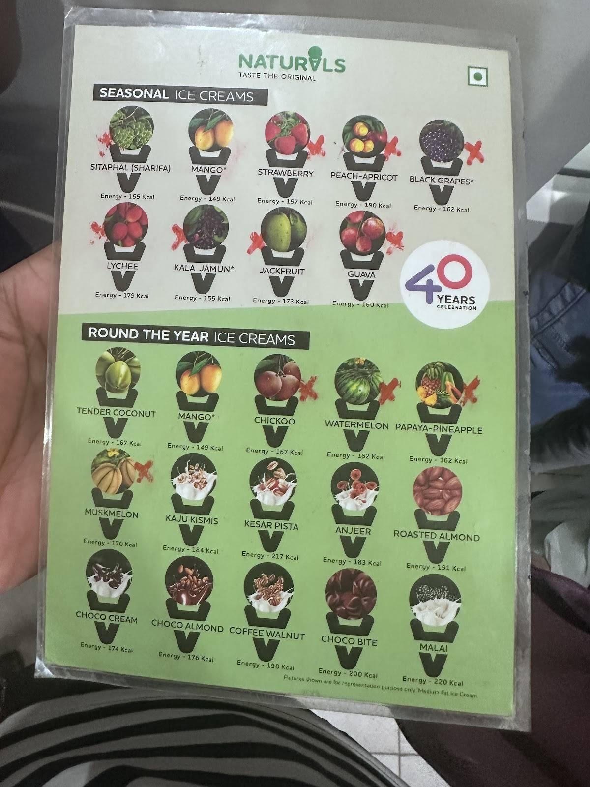 Naturals Ice Cream menu