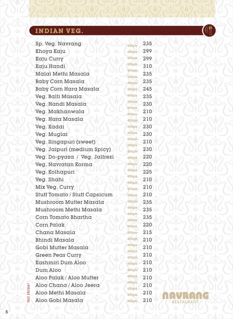 Navrang Restaurant menu
