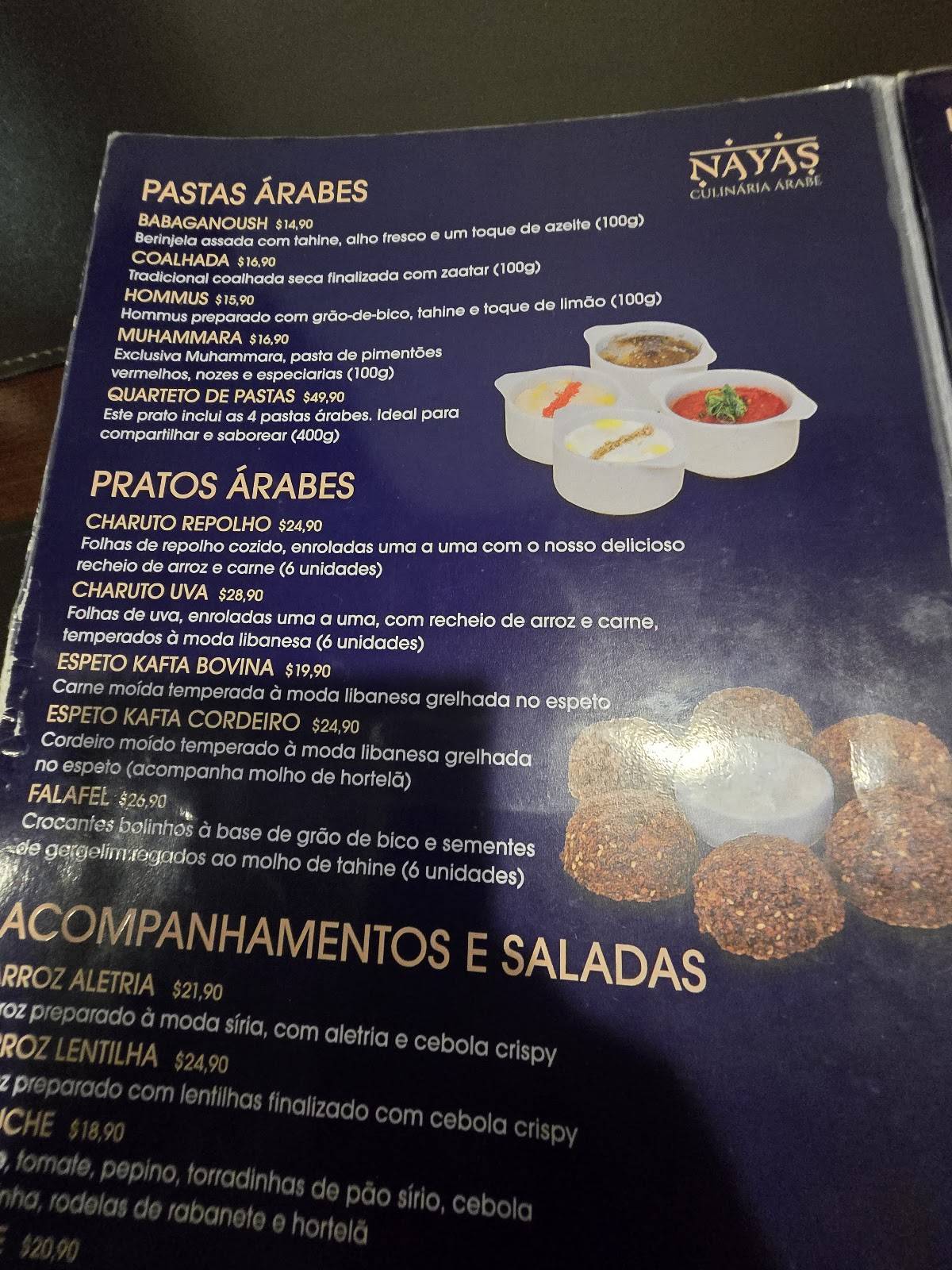Nayas Culinária Árabe cardápio