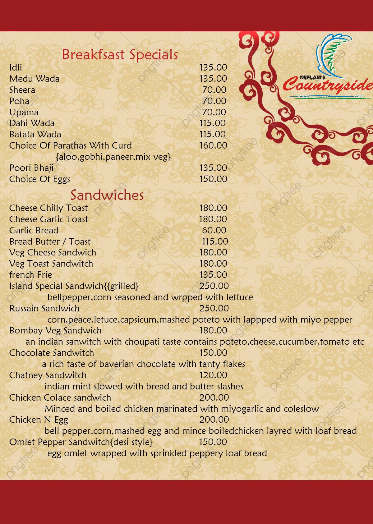 Neelams Countryside menu
