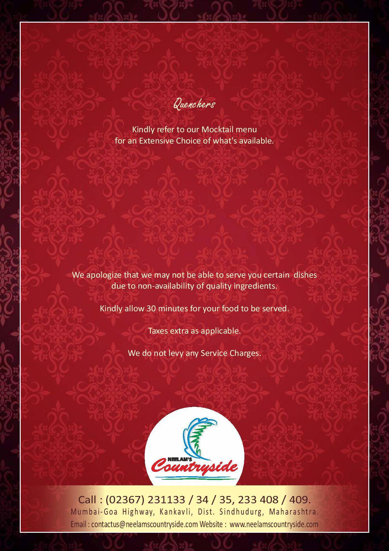 Neelams Countryside menu