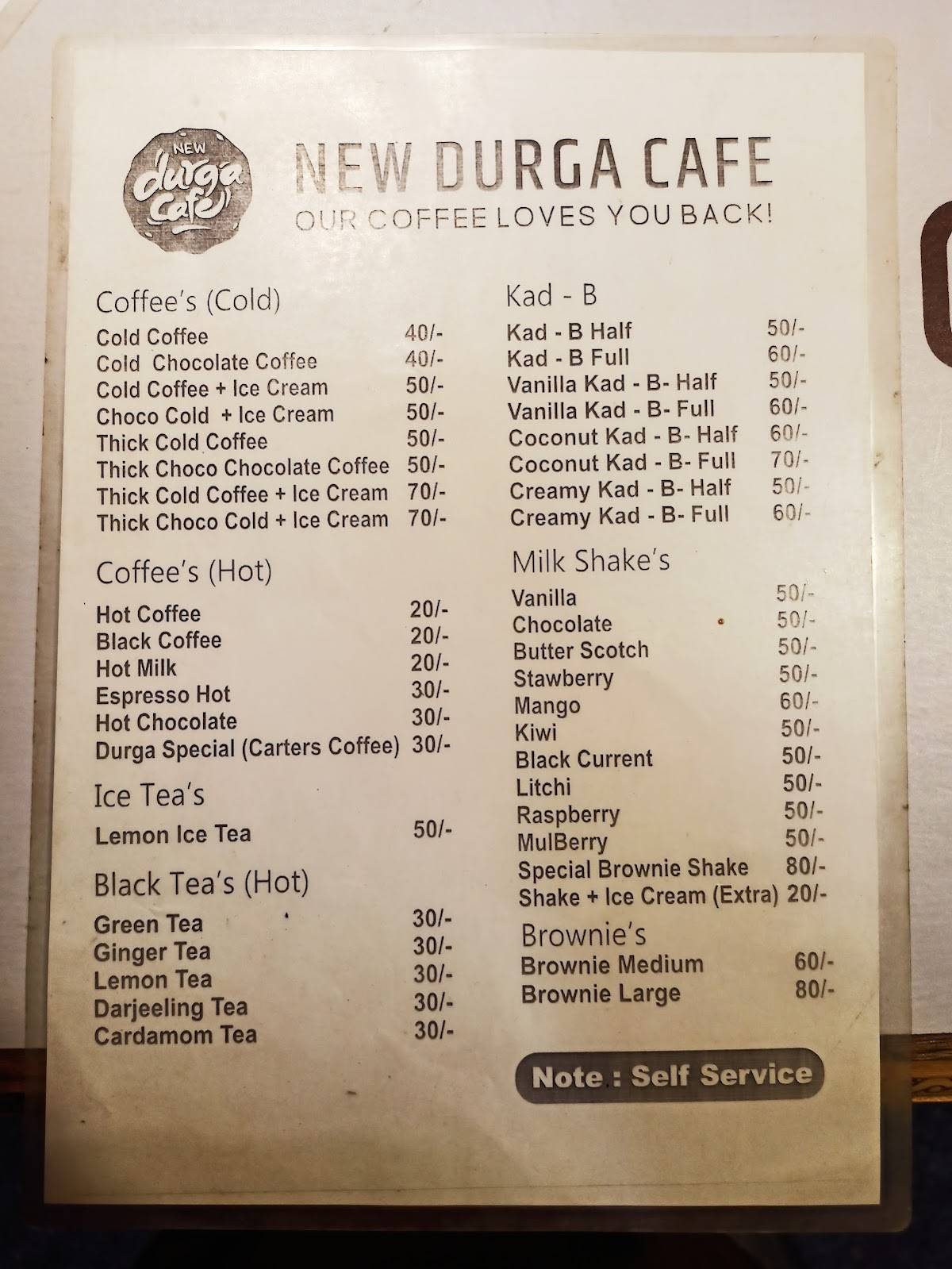 New Durga Cafe menu