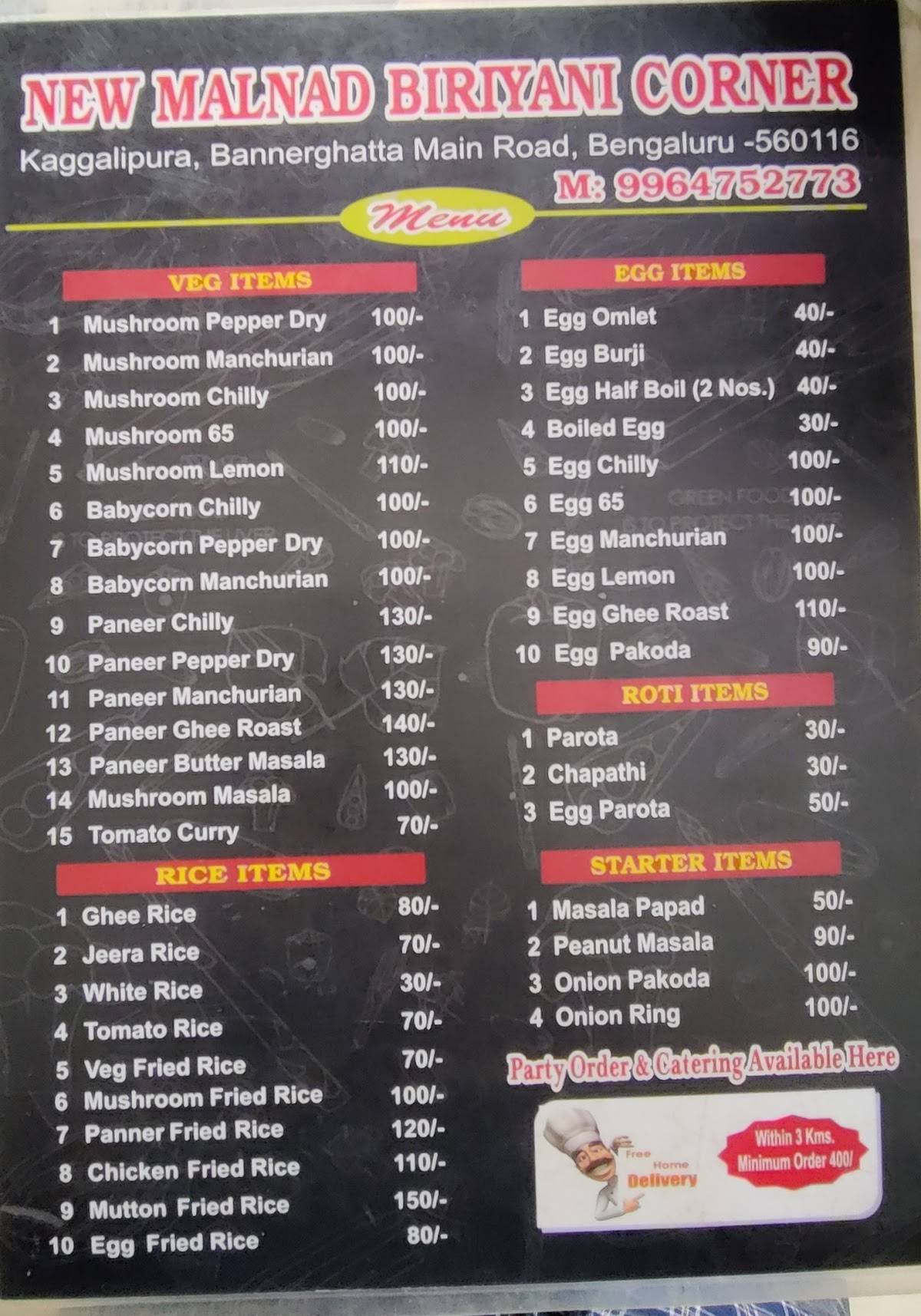 New Malnad Biriyani Corner menu