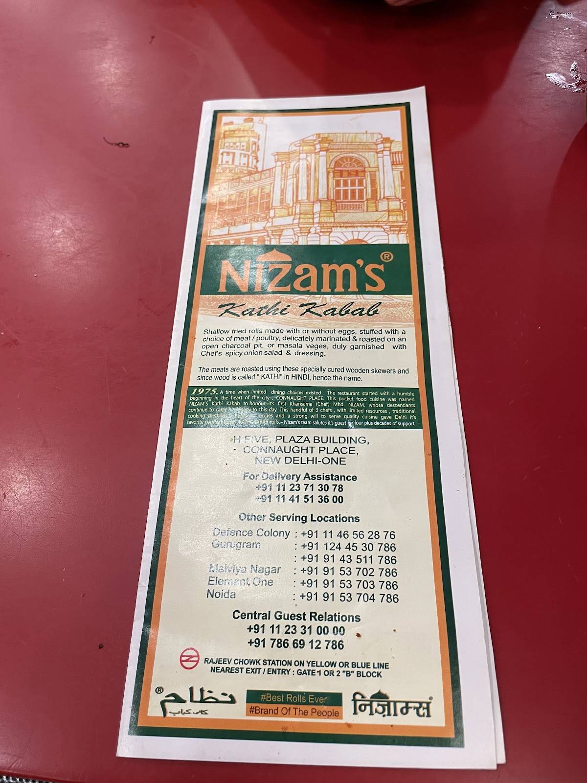 Nizam's Kathi Kabab menu