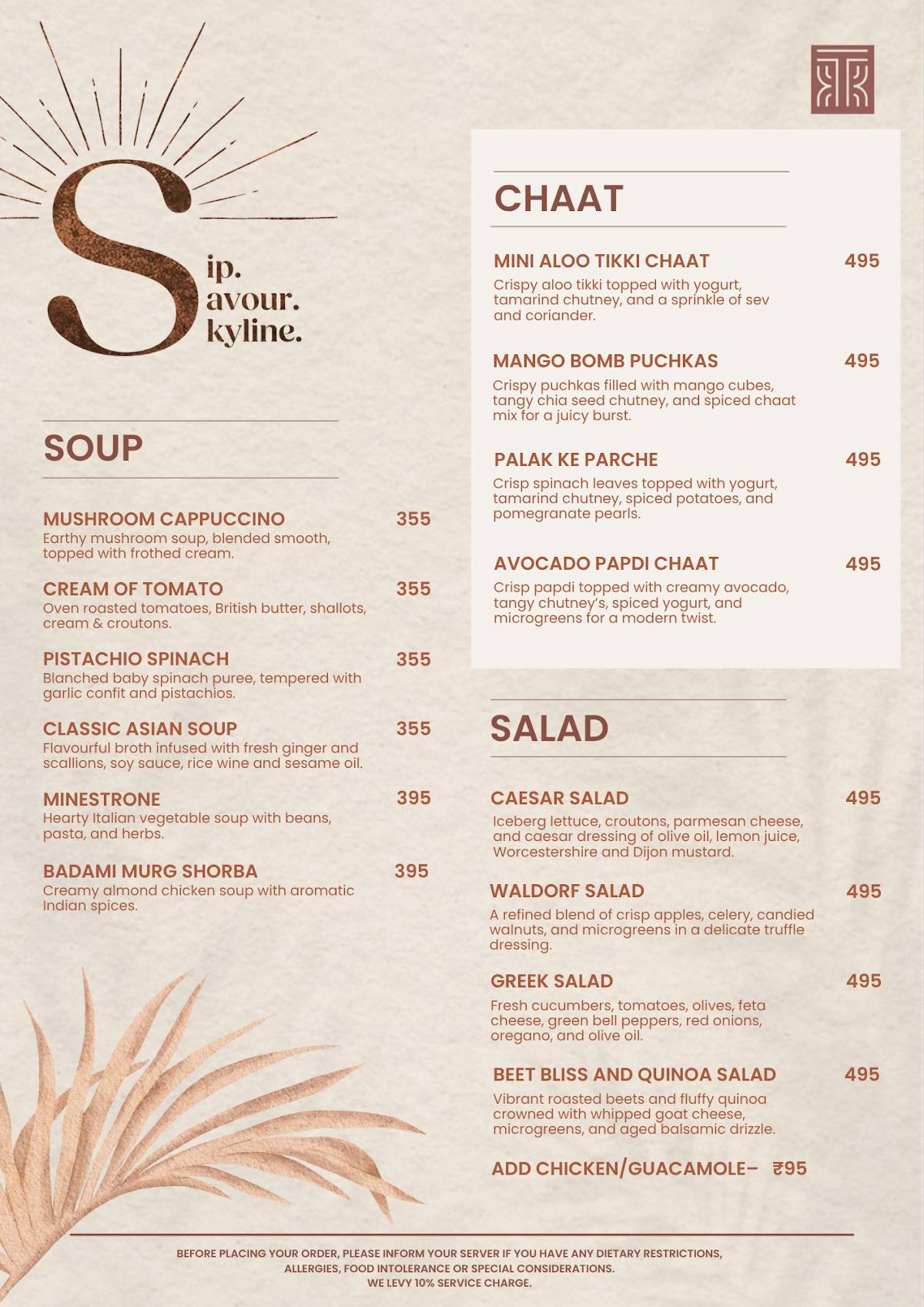 Tahia Rooftop Restaurant & Bar Sundowner Cafe menu