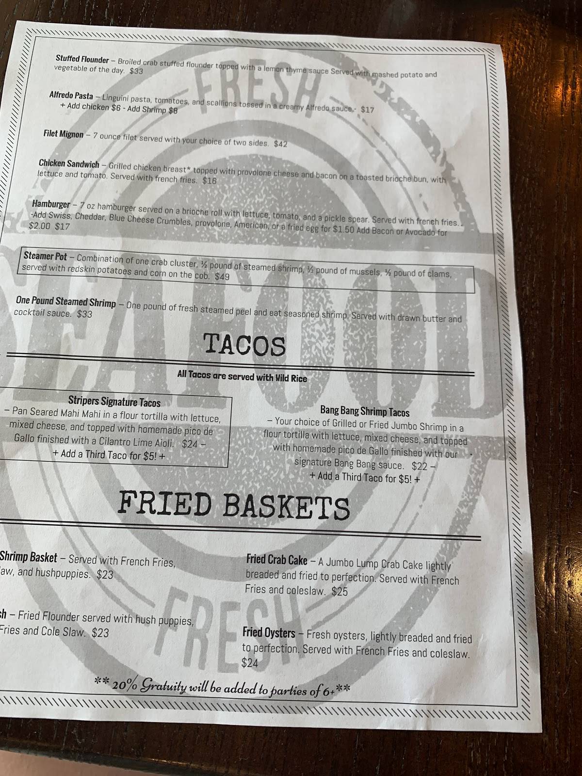 Menu at Stripers Waterside restaurant, Norfolk, 333 Waterside Dr