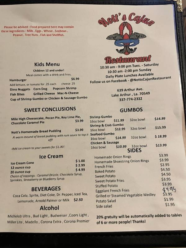 Menu at Nott's Cajun Restaurant, Lake Arthur