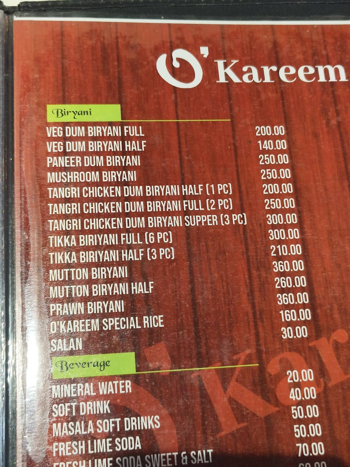 O' Kareem Restaurant menu