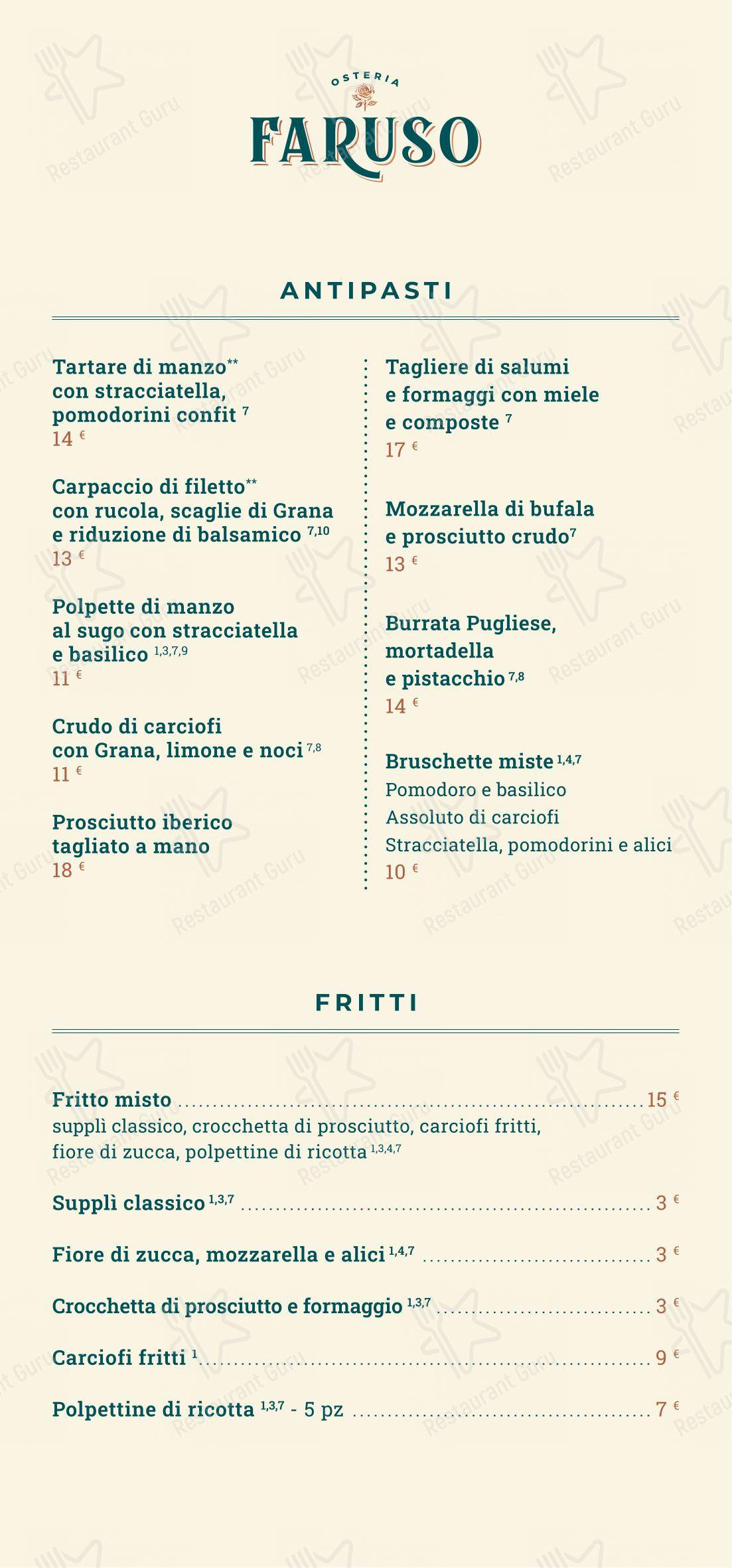 菜单 per OSTERIA FARUSO steakhouse