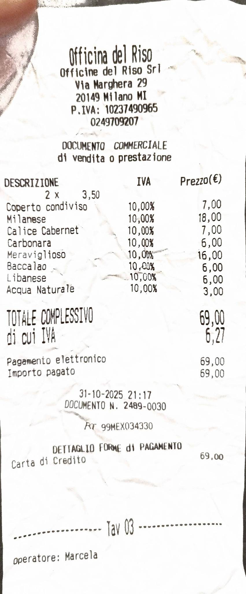 Menu di Officina del Riso Marghera 