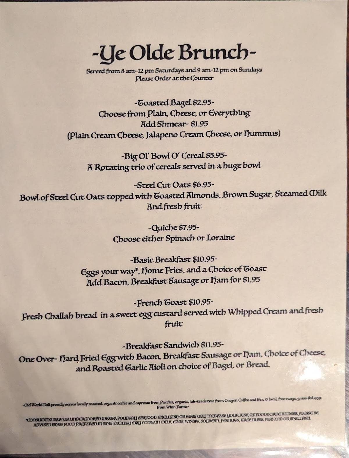 Menu at Old World Deli restaurant, Corvallis