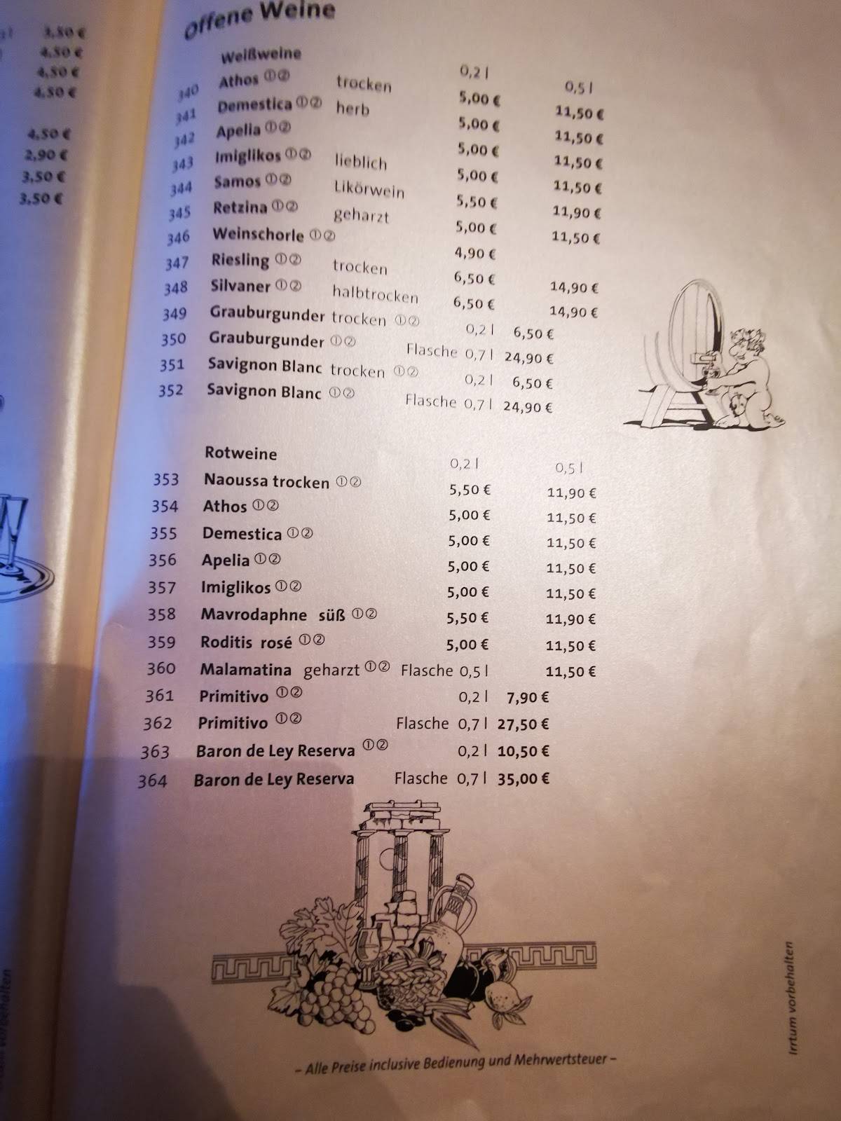 Speisekarte von Restaurant Mykonos im Landhaus Wiesenkieker, Oldenburg