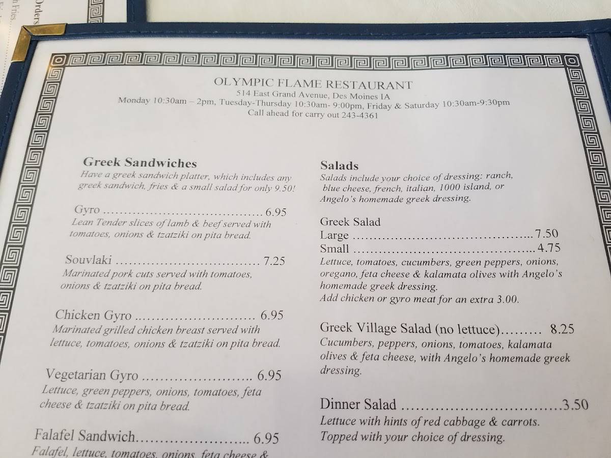 Menu at Olympic Flame Restaurant, Des Moines