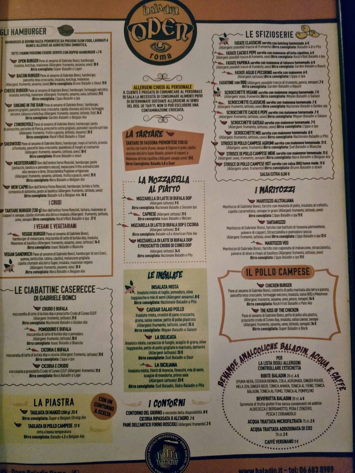 Menu di Open Baladin Roma 