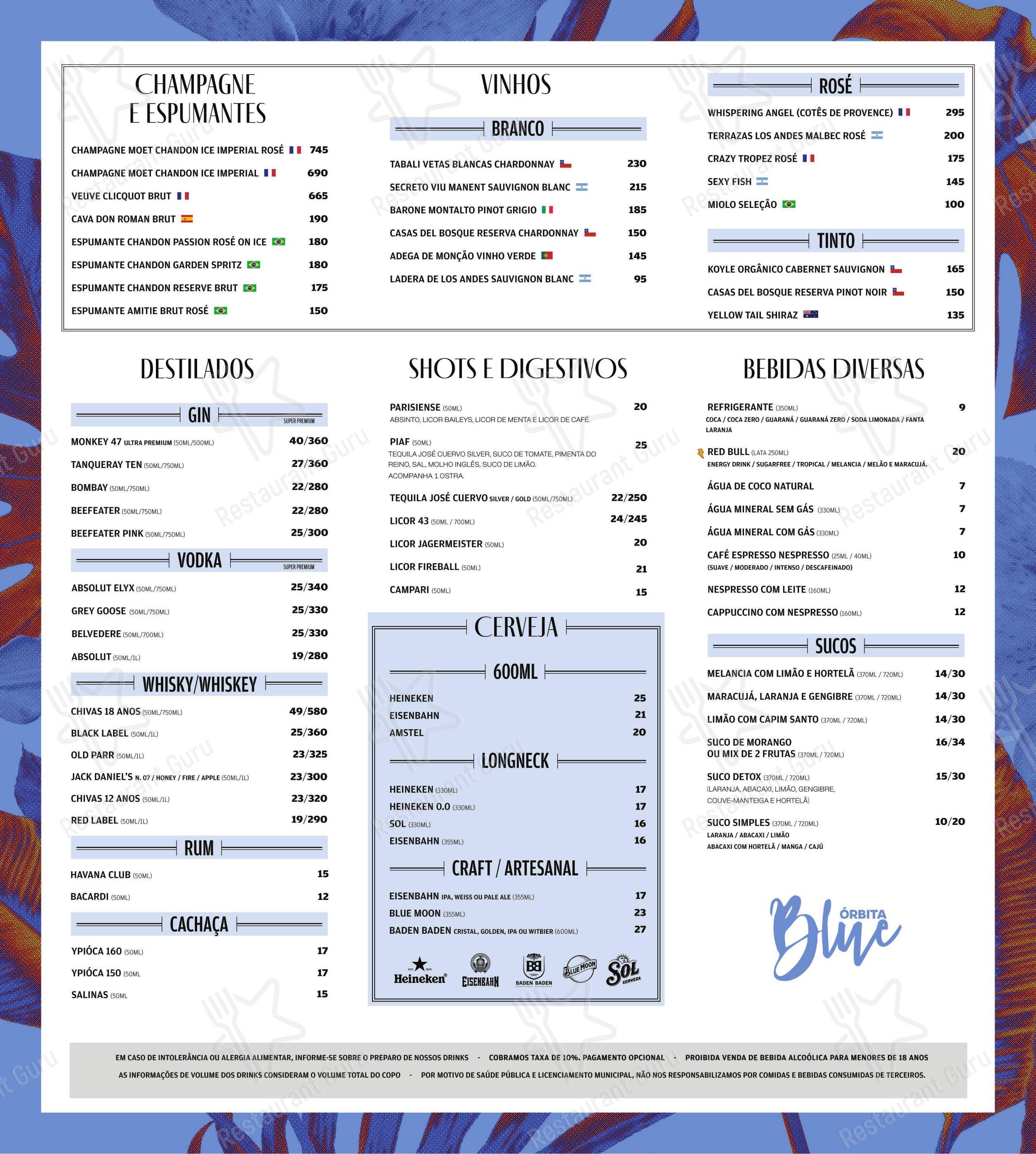 Основное меню para Órbita Blue pub & bar