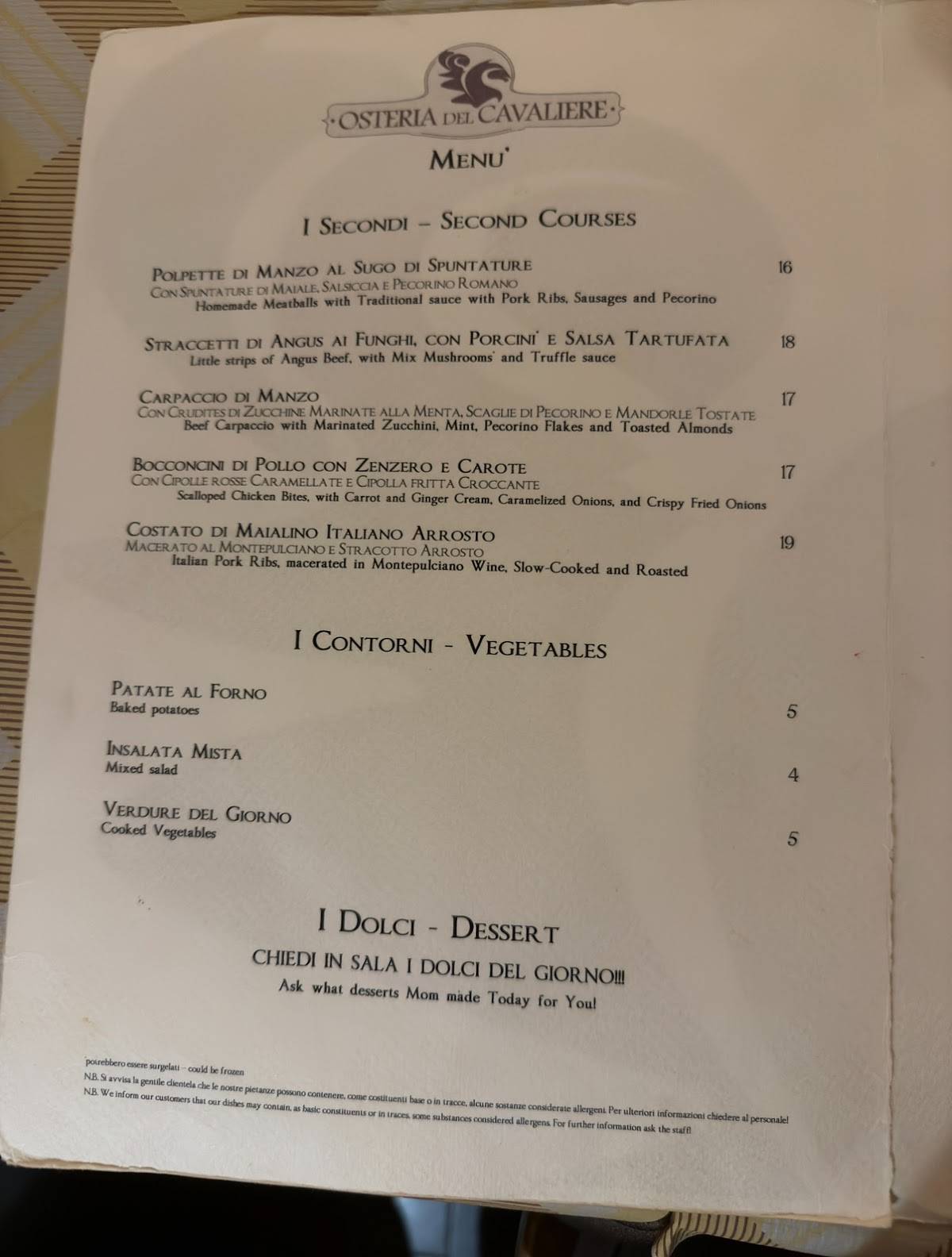 Menu di Osteria del Cavaliere 