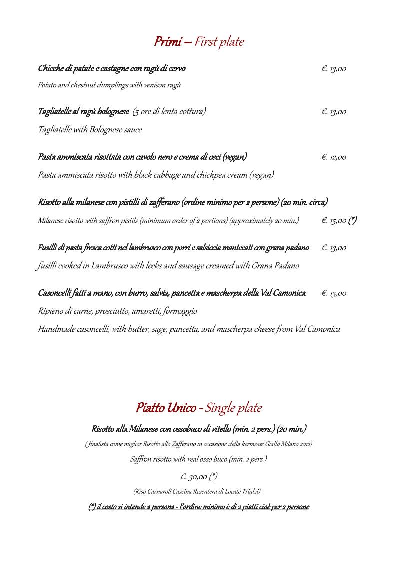 Menu di Osteria del Riccio - Sesto San Giovanni dal 1999 