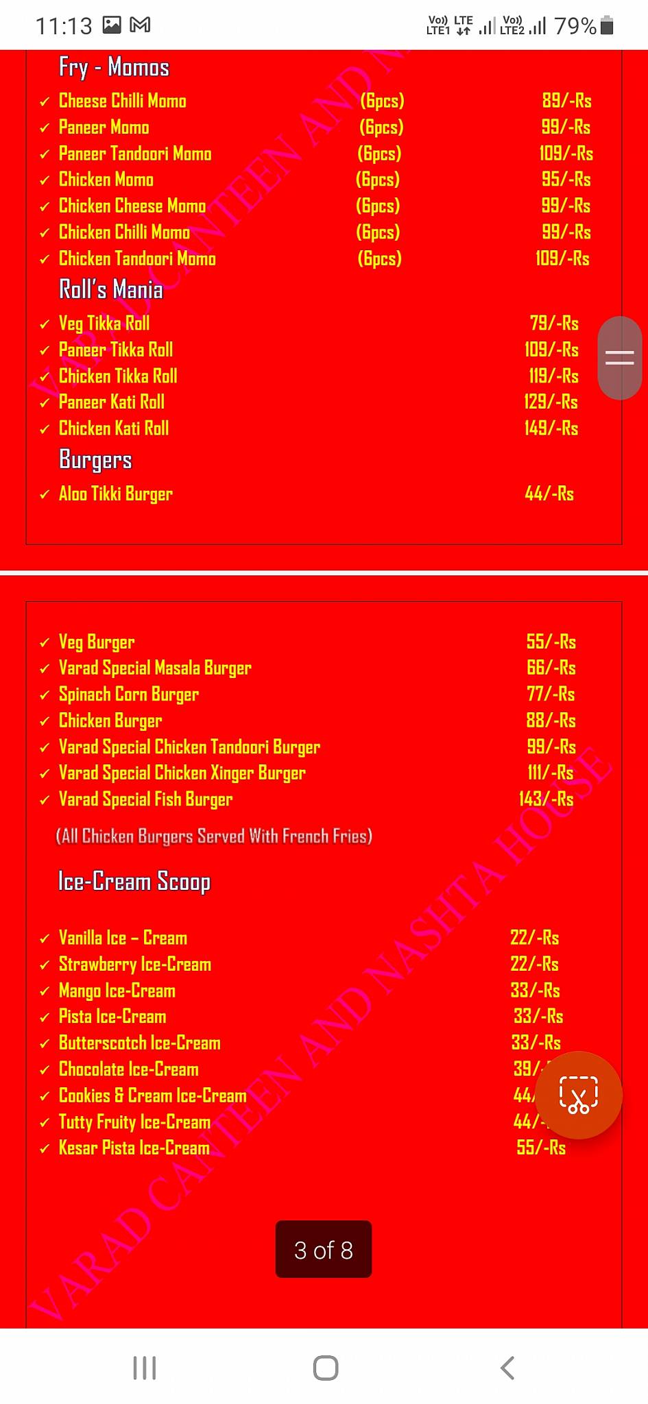 Varad Canteen and Nashta House menu