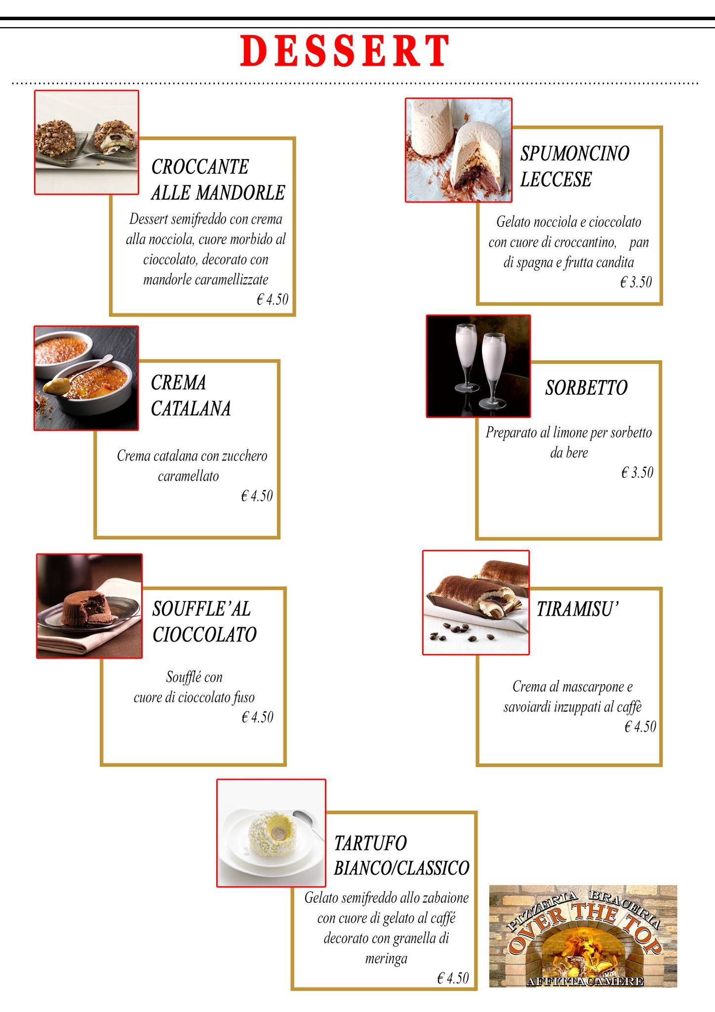 Menu di Over The Top Pizzeria Braceria 