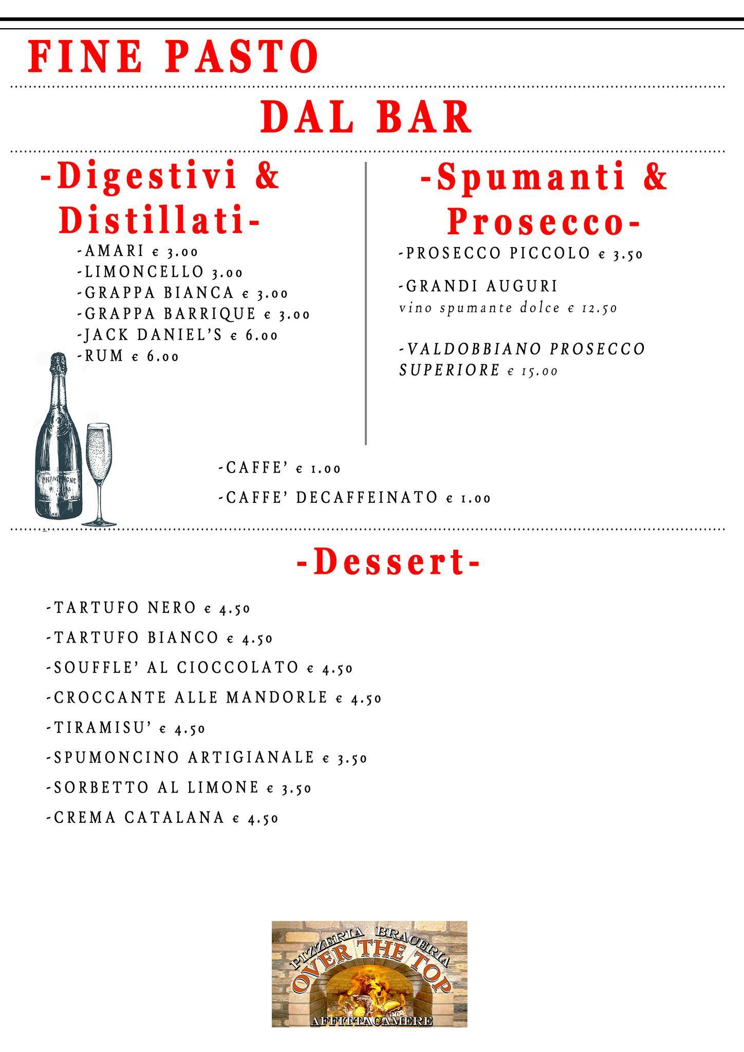 Menu di Over The Top Pizzeria Braceria 