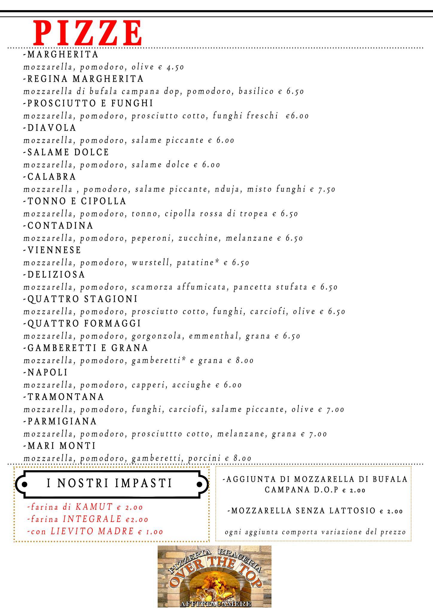 Menu di Over The Top Pizzeria Braceria 