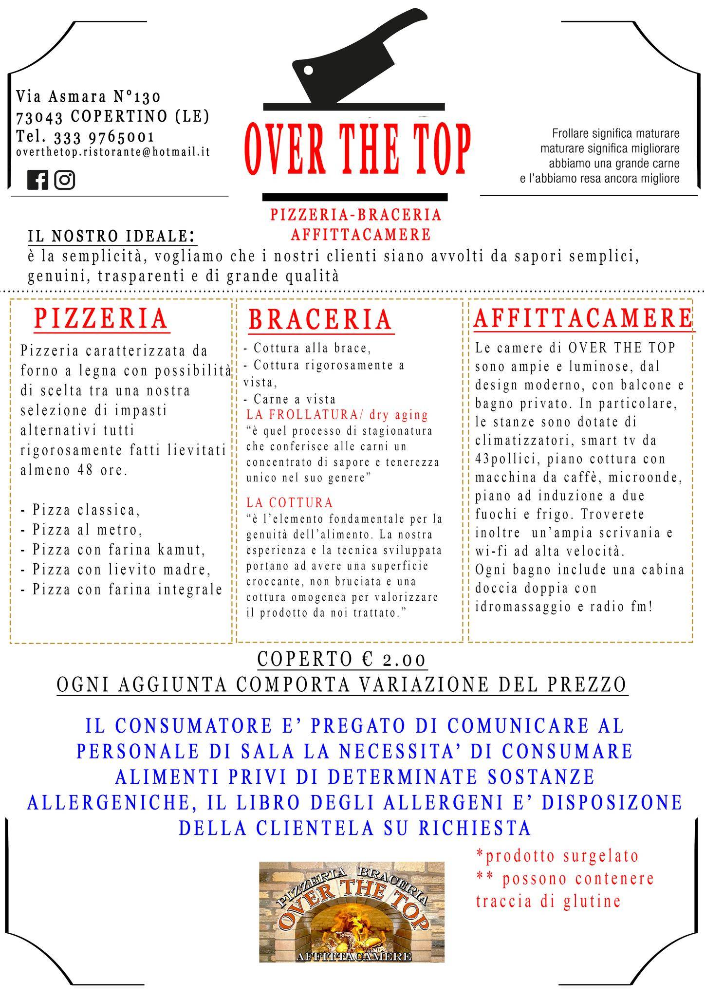 Menu di Over The Top Pizzeria Braceria 