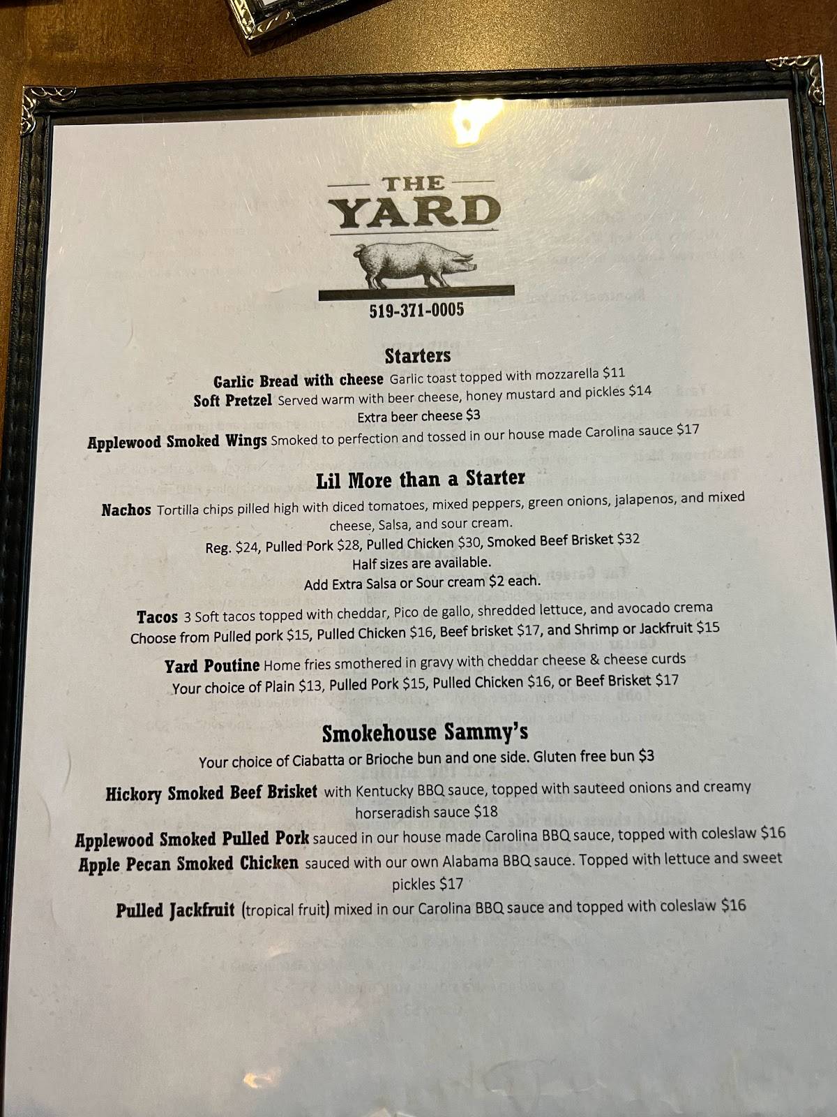 Menu at The Yard restaurant, Owen Sound