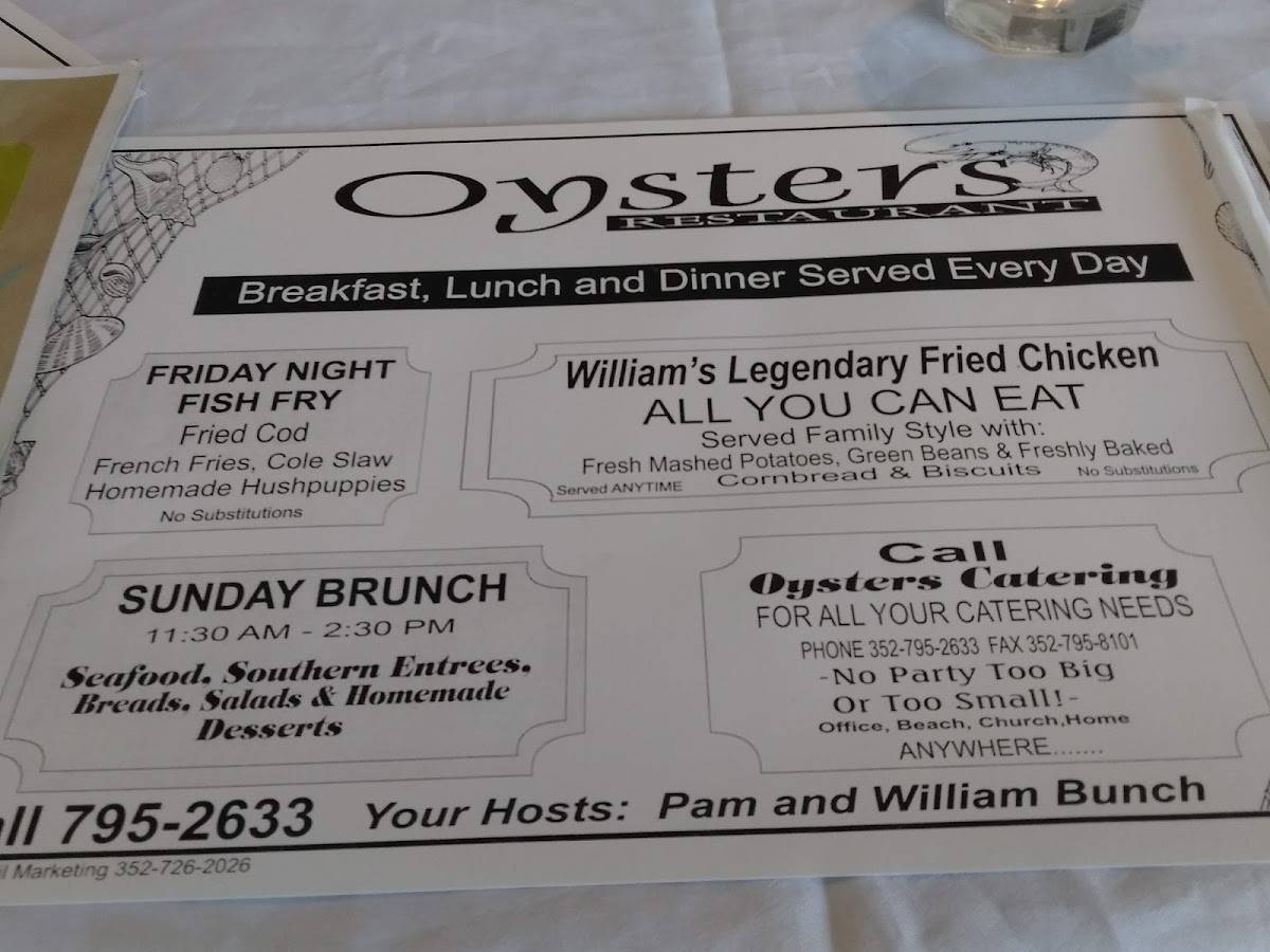 Menu at Oysters of Crystal River restaurant, Crystal River