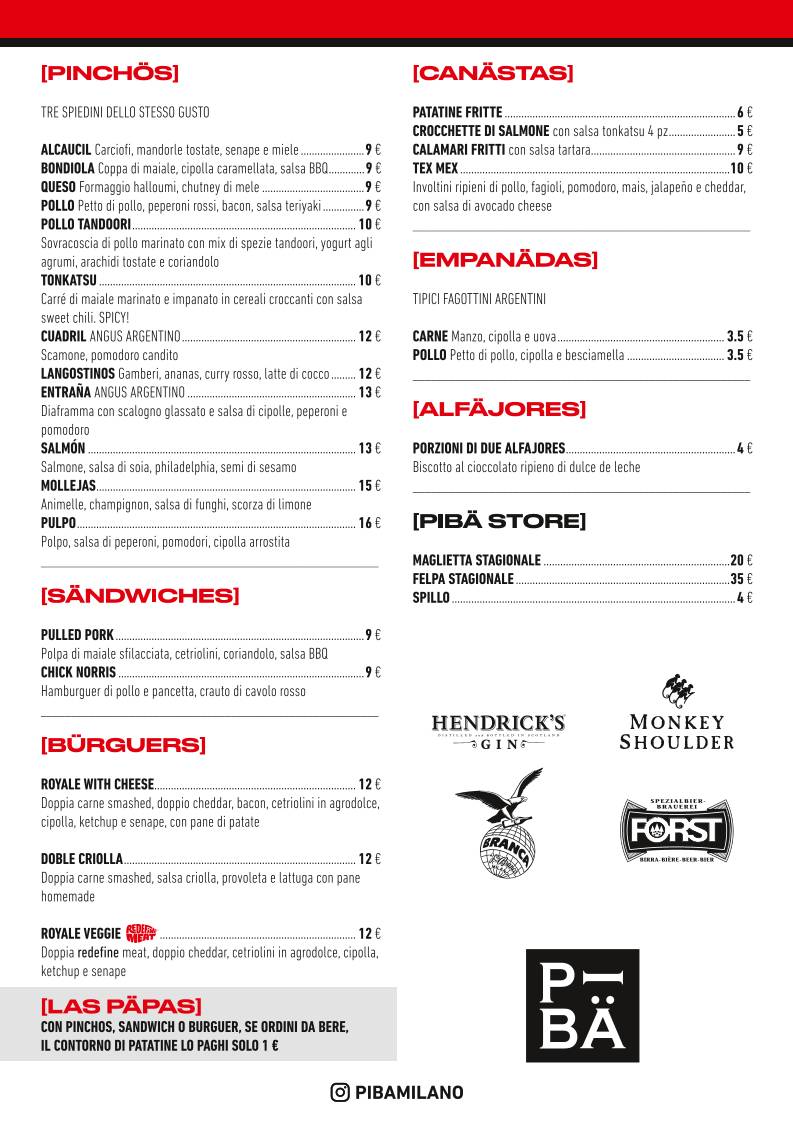 Menu di PIBÄ Milano 