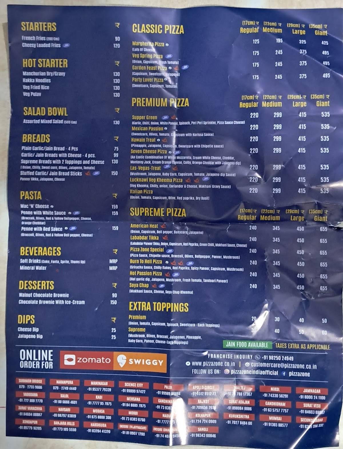 PIZZA ZONE menu