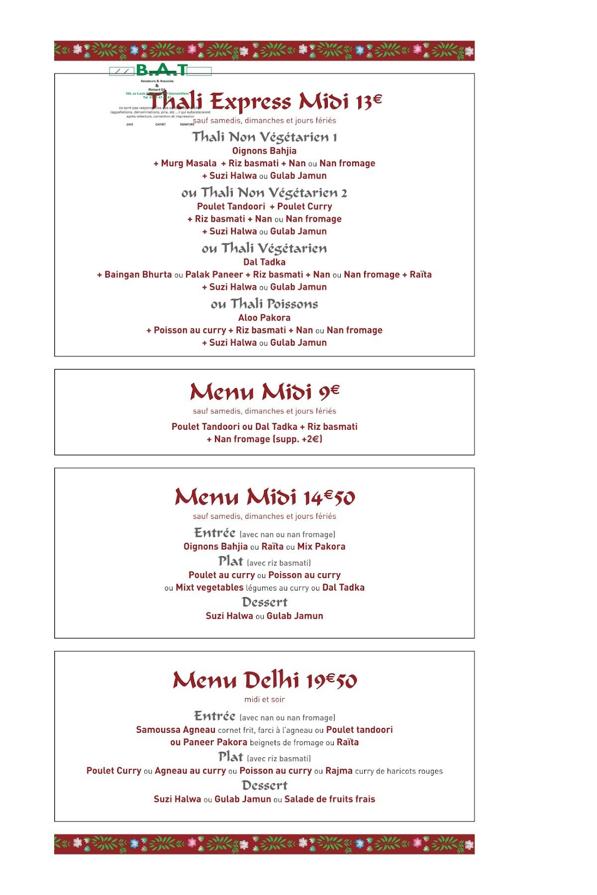 Menu de Palais de Vandan