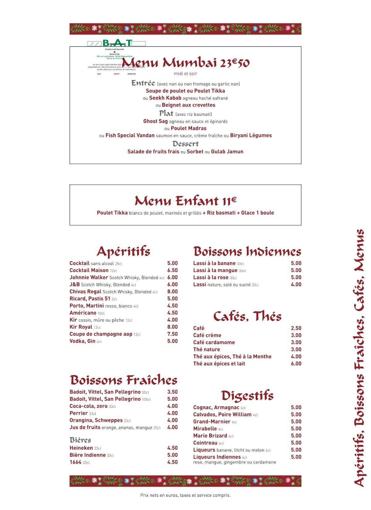 Menu de Palais de Vandan