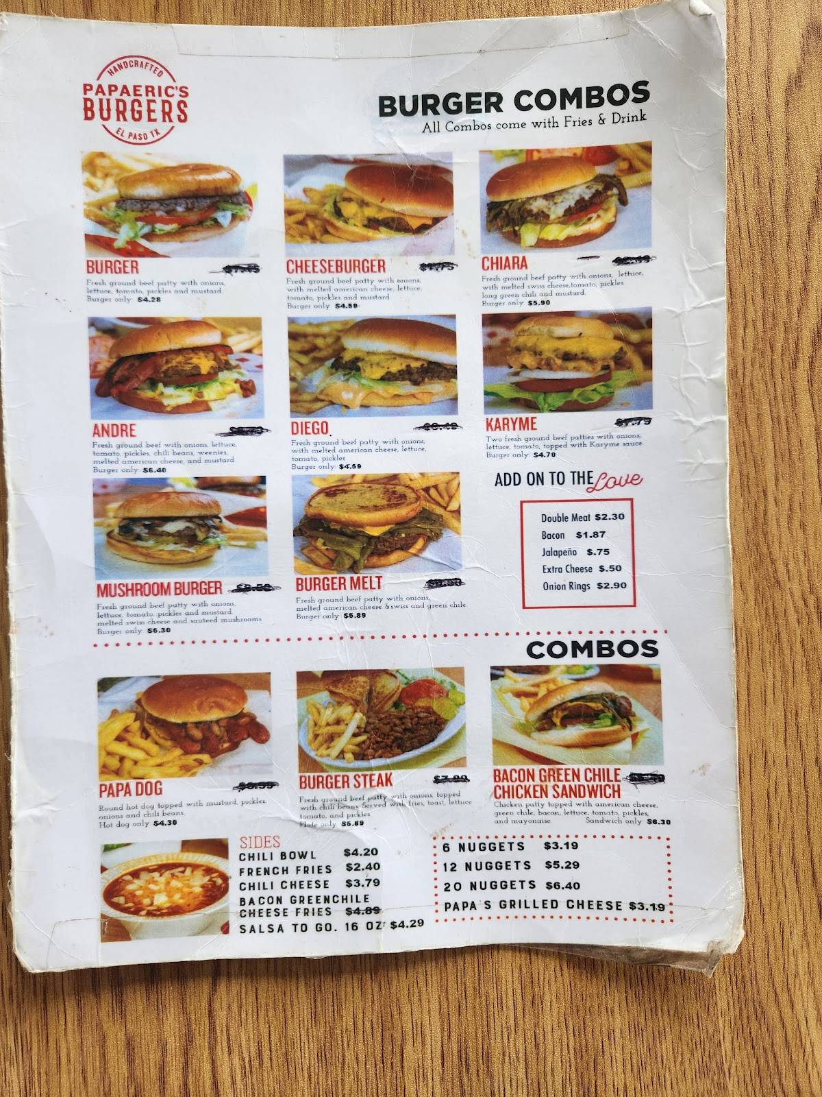 Menu at Papa Eric's Burgers restaurant, El Paso, N Piedras St